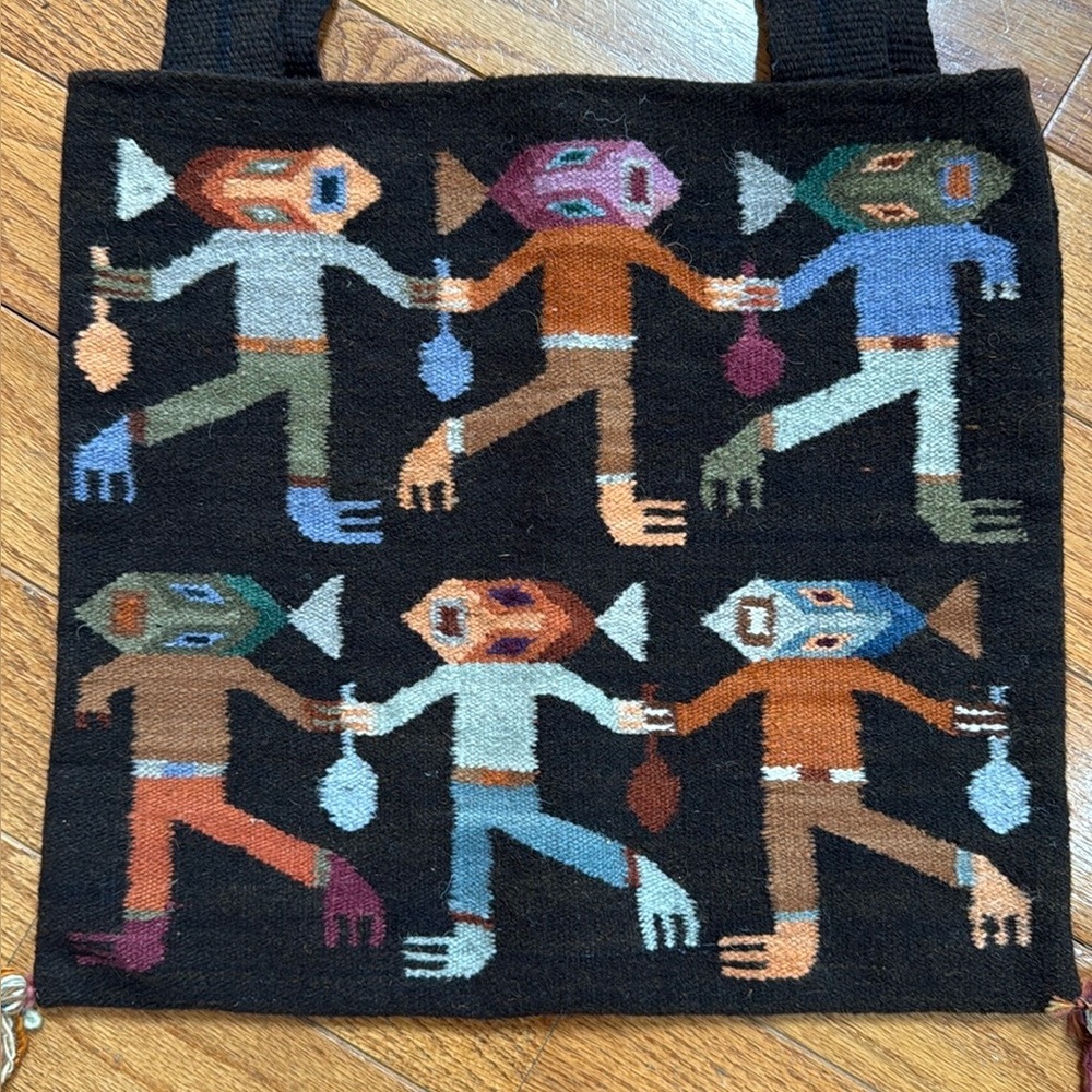 Vintage Peruvian Connection Wool Fish-Head People Tote Bag Handmade EUC - Picture 2 of 13